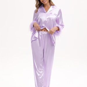 Lavender Satin Feather-Trim Pajama Set - Women Intimates & Sleepwear